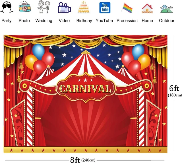 Alt view image 6 of 7 - Circus Carnival Themed Backdrop Red Curtain Stars Balloon Birthday Party Photography Background Newborn Baby Shower Birthday Cake Table Decoration (8x6FT)