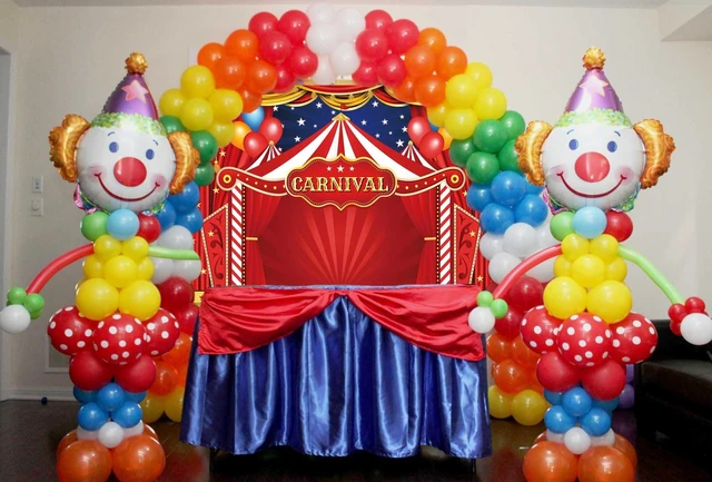 Alt view image 4 of 7 - Circus Carnival Themed Backdrop Red Curtain Stars Balloon Birthday Party Photography Background Newborn Baby Shower Birthday Cake Table Decoration (8x6FT)