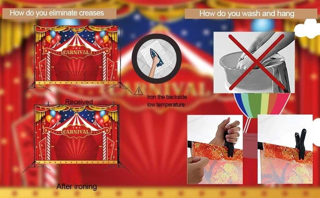 Alt view image 7 of 7 - Circus Carnival Themed Backdrop Red Curtain Stars Balloon Birthday Party Photography Background Newborn Baby Shower Birthday Cake Table Decoration (8x6FT)