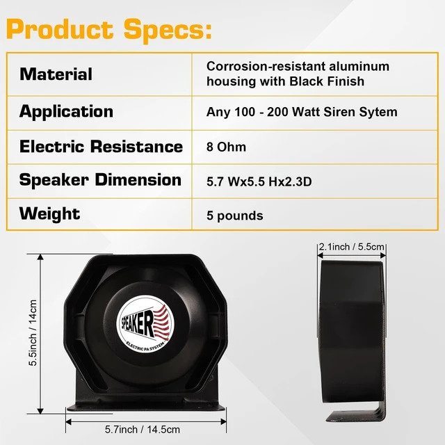 Alt view image 6 of 7 - 100W Ultra-Slim Siren Speaker, 8 Ohm 108-134dB PA Horn for Emergency Vehicles, IP66 Waterproof Aluminum Loudspeaker Compatible with 100-200W Siren Systems for Police Fire Ambulance Trucks