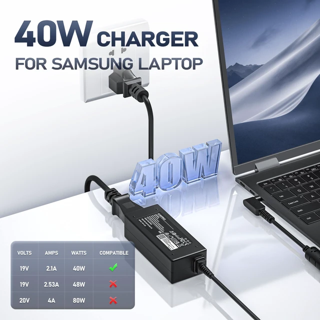 Alt view image 2 of 7 - 40W Charger for Samsung Ativ Book 9, 9 Plus, 9 Lite, 9 Spin Laptop Series Replacement for A13-040N2A PA-1400-96 AD-4019A AC Adapter, 19V 2.1A 3.0 * 1.0mm Connector
