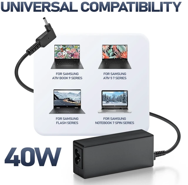 Alt view image 3 of 7 - 40W Charger for Samsung Ativ Book 9, 9 Plus, 9 Lite, 9 Spin Laptop Series Replacement for A13-040N2A PA-1400-96 AD-4019A AC Adapter, 19V 2.1A 3.0 * 1.0mm Connector