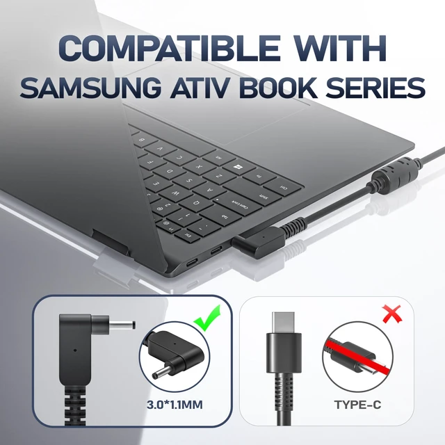 Alt view image 4 of 7 - 40W Charger for Samsung Ativ Book 9, 9 Plus, 9 Lite, 9 Spin Laptop Series Replacement for A13-040N2A PA-1400-96 AD-4019A AC Adapter, 19V 2.1A 3.0 * 1.0mm Connector