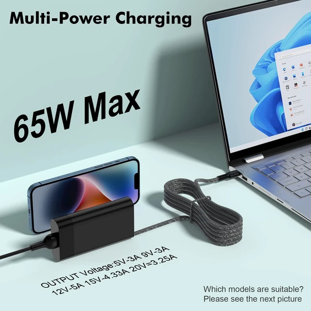 Alt view image 4 of 7 - New Slim HP 65W USB C Laptop Charger Replacement for HP Spectre x360, Envy, Chromebook, Elitebook x360, Pavilion, Elite x2 Travel Computer Type C AC Adapter Power Cord Braided