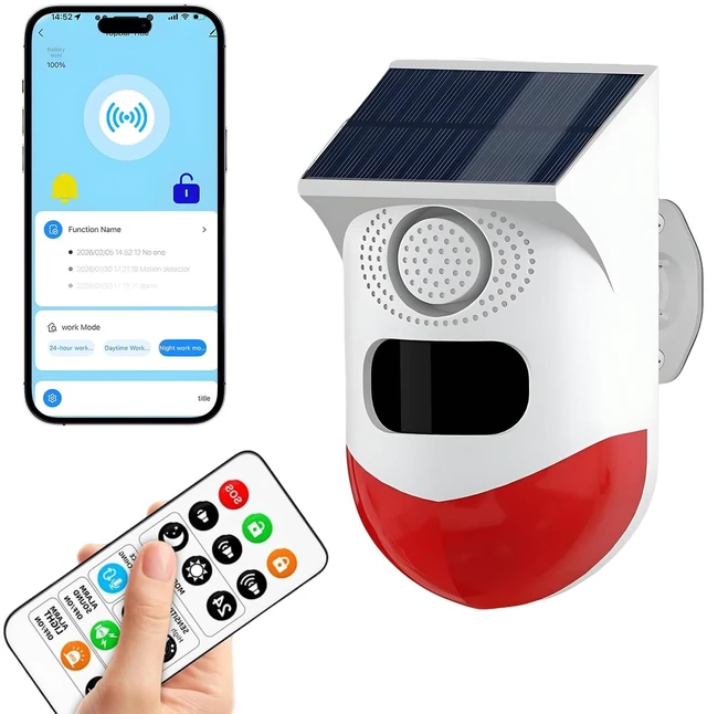 Main image of WiFi Motion Sensor, Solar Powered Sensor for Indoor/Outdoor Use, 0~120dB Volume, Remote Control, Timer Settings, Includes Remote Control, 3 Modes for Homes, Farms, Villas