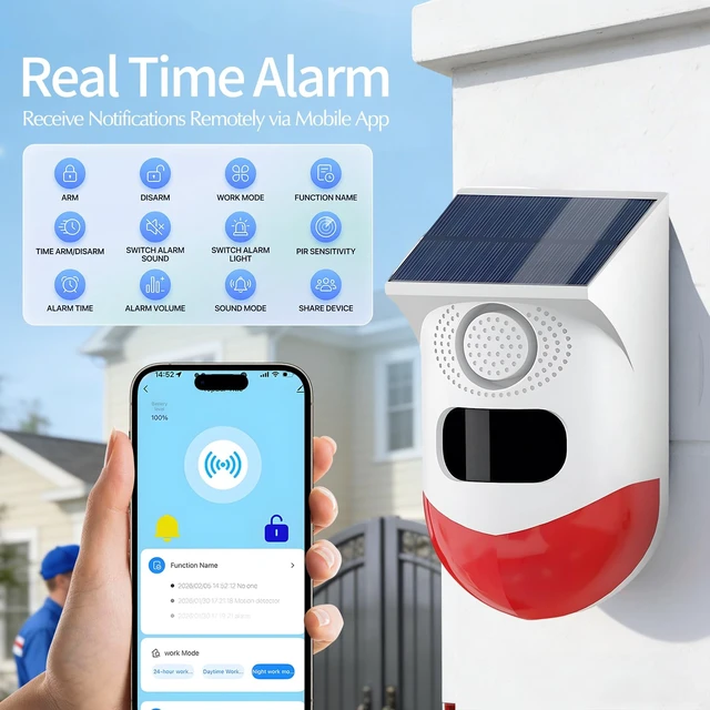 Alt view image 2 of 7 - WiFi Motion Sensor, Solar Powered Sensor for Indoor/Outdoor Use, 0~120dB Volume, Remote Control, Timer Settings, Includes Remote Control, 3 Modes for Homes, Farms, Villas