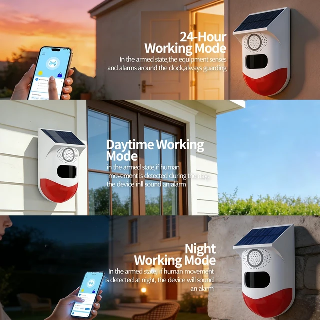 Alt view image 4 of 7 - WiFi Motion Sensor, Solar Powered Sensor for Indoor/Outdoor Use, 0~120dB Volume, Remote Control, Timer Settings, Includes Remote Control, 3 Modes for Homes, Farms, Villas