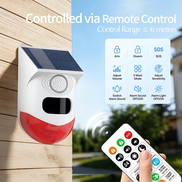 Alt view image 3 of 7 - WiFi Motion Sensor, Solar Powered Sensor for Indoor/Outdoor Use, 0~120dB Volume, Remote Control, Timer Settings, Includes Remote Control, 3 Modes for Homes, Farms, Villas