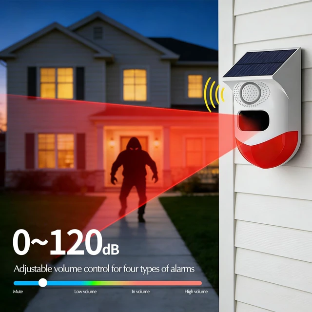 Alt view image 5 of 7 - WiFi Motion Sensor, Solar Powered Sensor for Indoor/Outdoor Use, 0~120dB Volume, Remote Control, Timer Settings, Includes Remote Control, 3 Modes for Homes, Farms, Villas