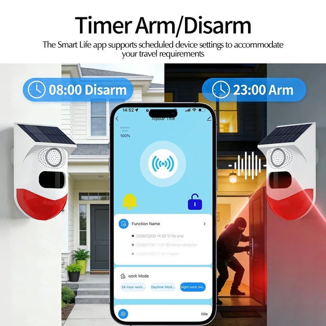 Alt view image 7 of 7 - WiFi Motion Sensor, Solar Powered Sensor for Indoor/Outdoor Use, 0~120dB Volume, Remote Control, Timer Settings, Includes Remote Control, 3 Modes for Homes, Farms, Villas