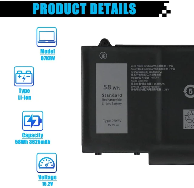 Alt view image 2 of 7 - 07KRV Laptop Battery Replacement for Dell Latitude 5430 5530 Precision 3570 P104F P104F005 P137G P137G004 Series M69D0 H4PVC 0H4PVC Y86WG 0Y86WG 08WRCR 078FWY 4FVJG O7KRV 15.2V 58Wh 3625mAh