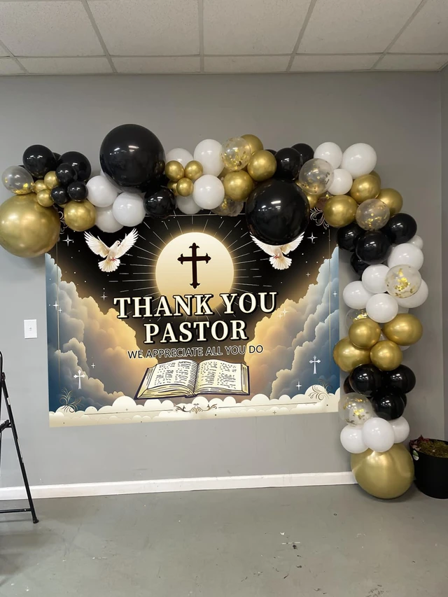 Alt view image 3 of 7 - Thank You Pastor Backdrop Banner 8x6FT Pastor Appreciation Week Background Church Black Gold Appreciation Month Retirement Party Decorations