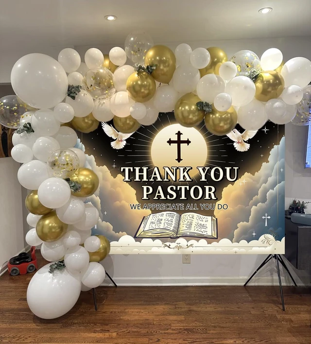 Alt view image 4 of 7 - Thank You Pastor Backdrop Banner 8x6FT Pastor Appreciation Week Background Church Black Gold Appreciation Month Retirement Party Decorations