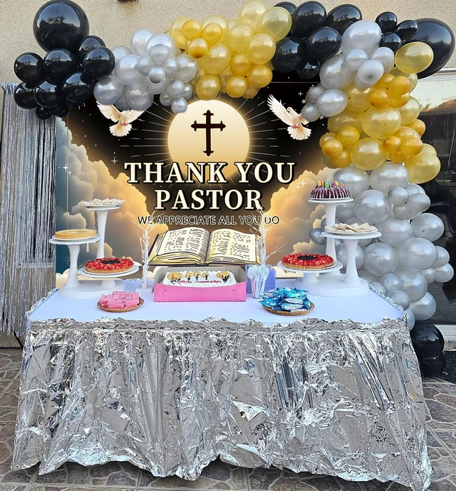Alt view image 5 of 7 - Thank You Pastor Backdrop Banner 8x6FT Pastor Appreciation Week Background Church Black Gold Appreciation Month Retirement Party Decorations