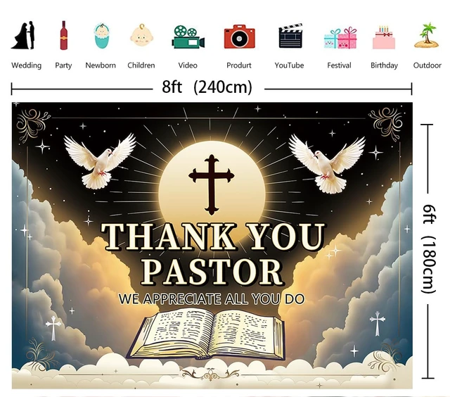 Alt view image 6 of 7 - Thank You Pastor Backdrop Banner 8x6FT Pastor Appreciation Week Background Church Black Gold Appreciation Month Retirement Party Decorations