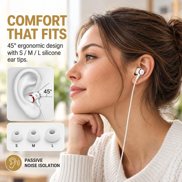 Alt view image 3 of 7 - 3.5mm Wired Earbuds with Mic, Volume Control & Carrying Case, White Balanced stereo sound, clear-call mic, passive noise isolation, S/M/L ear tips, 1.2m cable and compact carrying case