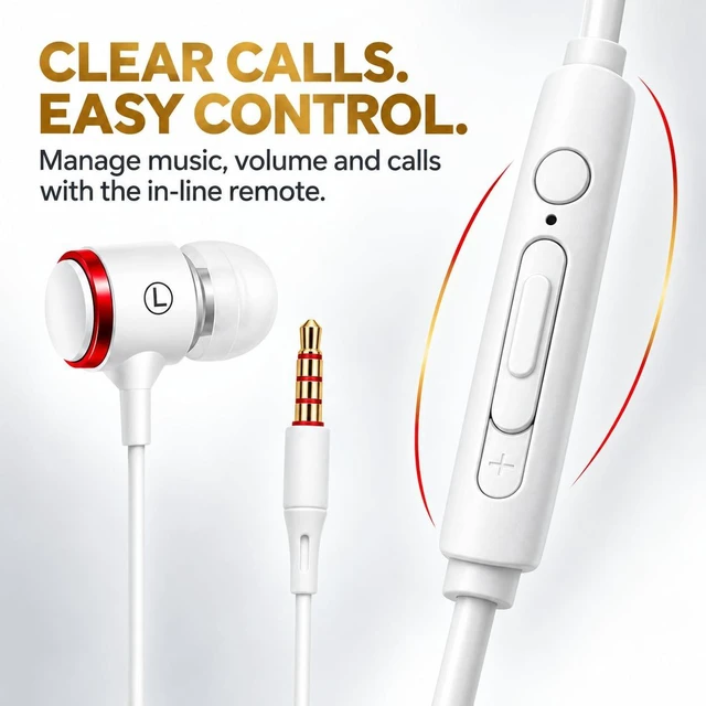 Alt view image 6 of 7 - 3.5mm Wired Earbuds with Mic, Volume Control & Carrying Case, White Balanced stereo sound, clear-call mic, passive noise isolation, S/M/L ear tips, 1.2m cable and compact carrying case