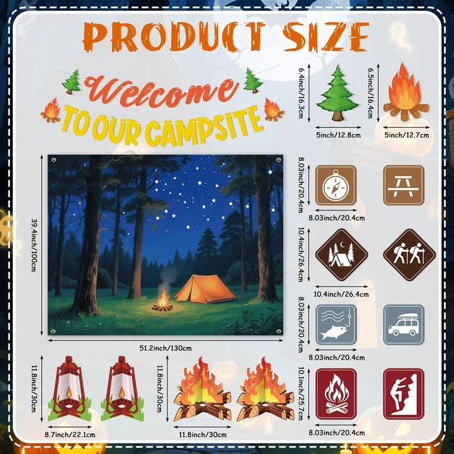 Alt view image 2 of 6 - Halloween Trunk or Treat Camping Car Decorations Kit Include Welcome to Our Camp Site Banner Forest Backdrop Campfire Lantern Cutouts Archway Garage Decor for SUV Entryway House Outdoor