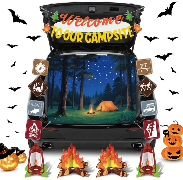 Main image of Halloween Trunk or Treat Camping Car Decorations Kit Include Welcome to Our Camp Site Banner Forest Backdrop Campfire Lantern Cutouts Archway Garage Decor for SUV Entryway House Outdoor