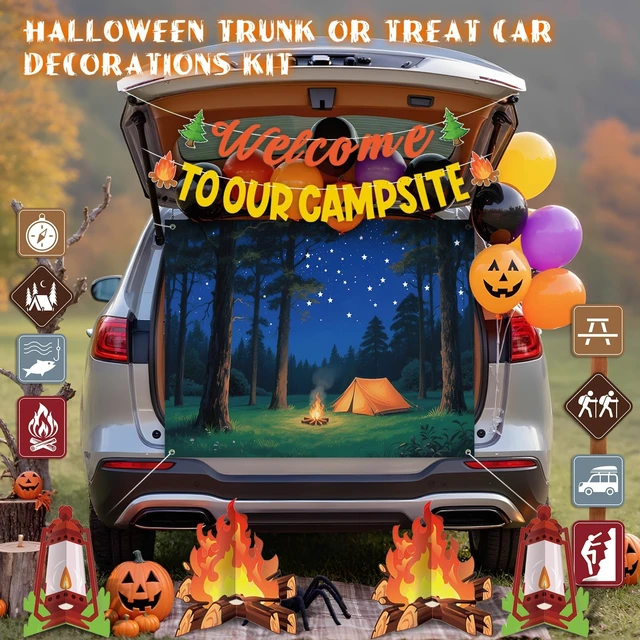 Alt view image 3 of 6 - Halloween Trunk or Treat Camping Car Decorations Kit Include Welcome to Our Camp Site Banner Forest Backdrop Campfire Lantern Cutouts Archway Garage Decor for SUV Entryway House Outdoor