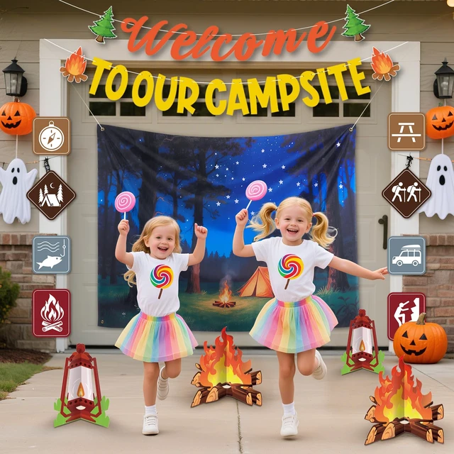 Alt view image 5 of 6 - Halloween Trunk or Treat Camping Car Decorations Kit Include Welcome to Our Camp Site Banner Forest Backdrop Campfire Lantern Cutouts Archway Garage Decor for SUV Entryway House Outdoor