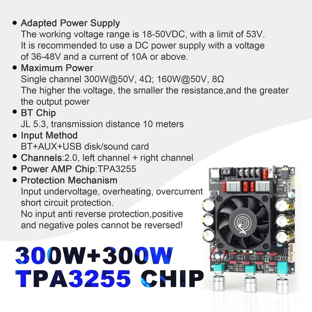 Alt view image 4 of 6 - ZK-3002T 300W+300W Bluetooth Digital Amplifier Board TPA3255 Chip 2.0 Channel with Bluetooth/3.5mm AUX Input/USB Input,with Treble and Bass Adjustment