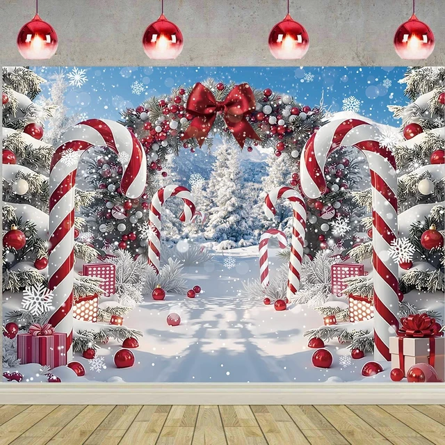 Main image of Merry Christmas Candy Cane Backdrop for Photography Winter Snow Banner 10x8ft Scenery Christmas Tree Photo Background, Xmas Holiday Decoration, New Year Eve Family Party Banner Supplies