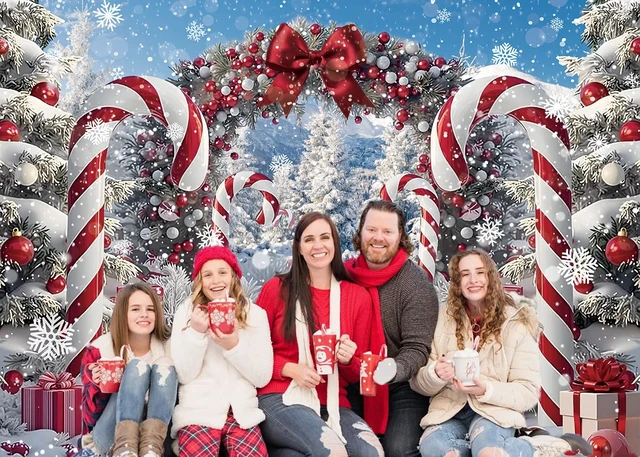 Alt view image 4 of 7 - Merry Christmas Candy Cane Backdrop for Photography Winter Snow Banner 10x8ft Scenery Christmas Tree Photo Background, Xmas Holiday Decoration, New Year Eve Family Party Banner Supplies