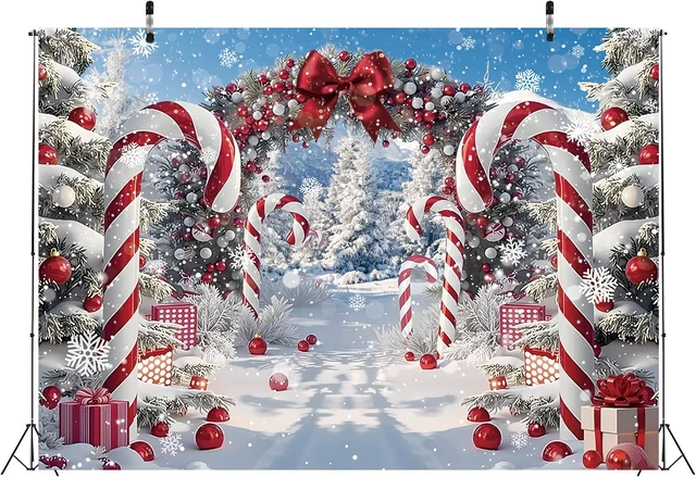 Alt view image 3 of 7 - Merry Christmas Candy Cane Backdrop for Photography Winter Snow Banner 10x8ft Scenery Christmas Tree Photo Background, Xmas Holiday Decoration, New Year Eve Family Party Banner Supplies