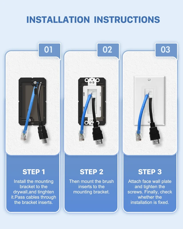Alt view image 3 of 7 - 10 Pack 1-Gang White Brush Wall Plate with Low Voltage Mounting Bracket In-Wall Management Cable Pass Through Wire Hider for HDMI, Ethernet,Speaker, Home Theater, Versatile Use, Easy Installation