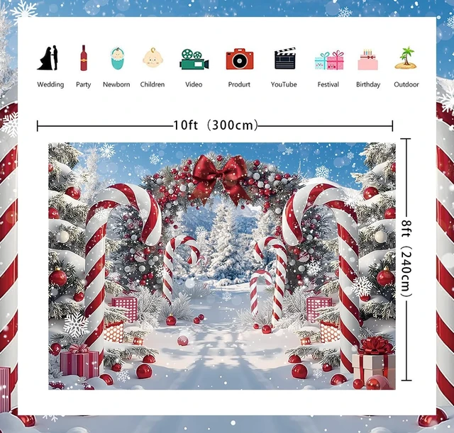 Alt view image 6 of 7 - Merry Christmas Candy Cane Backdrop for Photography Winter Snow Banner 10x8ft Scenery Christmas Tree Photo Background, Xmas Holiday Decoration, New Year Eve Family Party Banner Supplies