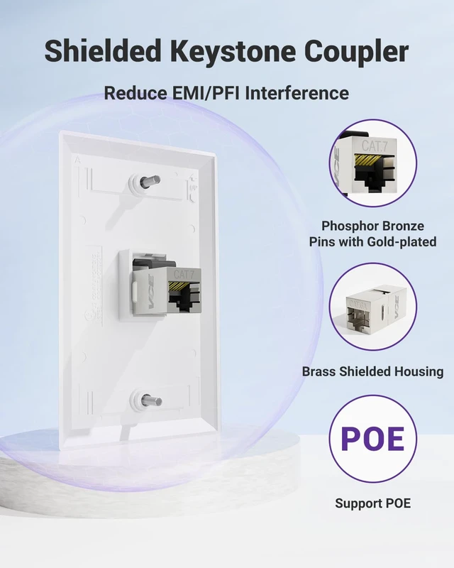 Alt view image 3 of 7 - CAT7 Shielded Ethernet Wall Plate 10Gbps with Bracket, Silver 2-Pack UL Listed for Safety, 10Gbps Shielded Keystone Coupler, Bracket with Alignment Holes for Easy Installation, PoE Support