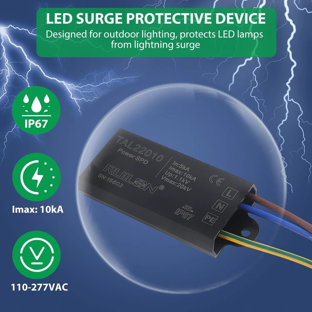 Alt view image 2 of 7 - LED Surge Protective Device, 2 Pcs Power Surge Protector for Lightning Protection, Surge Arrester for Indoor and Outdoor Lighting(110-277 VAC)