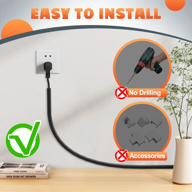 Alt view image 4 of 7 - Wall Cord Hider 78 Inch Cable Hider for Wires W0.59 H0.39in Black Self Adhesive, Flexible, PVC Material, for Wall Mount TV, Cable Raceway, Cord Cover