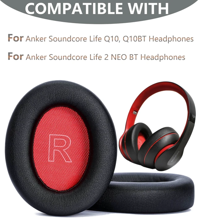 Alt view image 2 of 6 - Replacement Ear Pads Compatible with Anker Soundcore Life Q10 Black+red for Soundcore Life Q10BT, Life 2 NEO BT headphone Memory Foam/Protein Leather Earpads Earmuffs