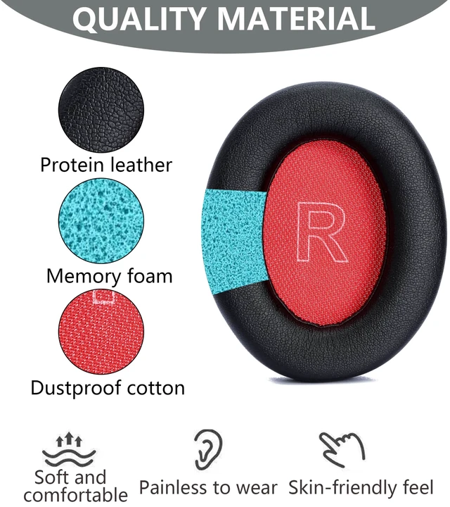 Alt view image 3 of 6 - Replacement Ear Pads Compatible with Anker Soundcore Life Q10 Black+red for Soundcore Life Q10BT, Life 2 NEO BT headphone Memory Foam/Protein Leather Earpads Earmuffs