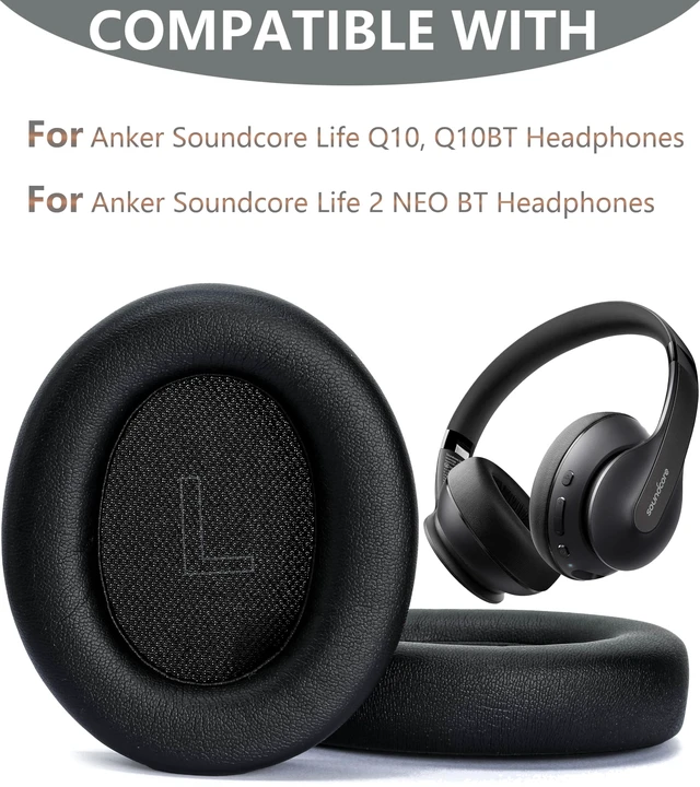 Alt view image 2 of 6 - Replacement Ear Pads Compatible with Anker Soundcore Life Q10 Black for Soundcore Life Q10BT, Life 2 NEO BT headphone Memory Foam/Protein Leather Earpads Earmuffs