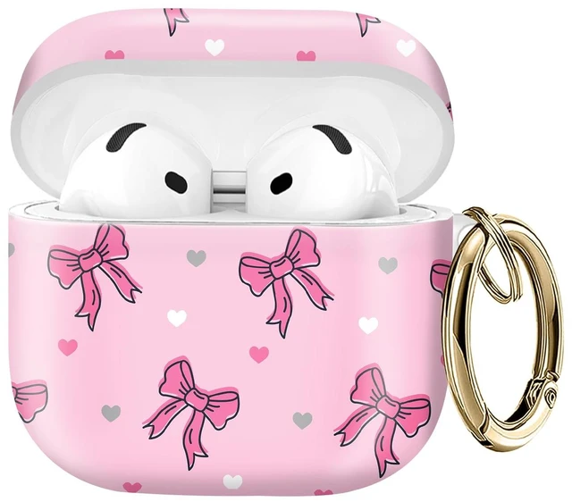 Main image of Compatible with AirPod 4 Protective case with Gold Key Ring for 2024 Fourth Generation AirPod. Shockproof, dustproof, Wireless Headphone Protective case.Pink Bow