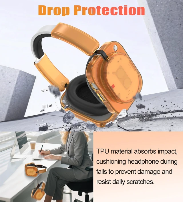 Alt view image 3 of 7 - Case for Nothing Headphone 1,2IN1 Clear TPU Ear Cups Cover & PC Headband Cover, Shell Covers Replacement Shockproof/Washable/Dust-Proof/Scratch-Resistant for Men Women(Clear Orange)