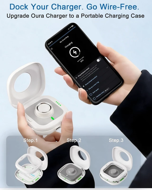 Alt view image 2 of 7 - Portable Charging Case for Oura Ring 4/5 Docks, 50-Day Runtime, White Pocket-Sized Travel Holder Case (Sizes 615), 1-Hour USB-C Recharge, Clear LED Window, Magnetic Snap-Lock Dock Excluded