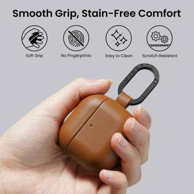 Alt view image 4 of 7 - Vegan Leather for AirPods 5 Case & for AirPods 4 Case,Caramel Brown Timeless Style, Everyday Protection - Classic Leather Look, Front LED Visible, Carabiner Included, Easy to Install & Remove