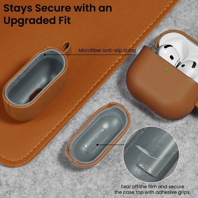 Alt view image 6 of 7 - Vegan Leather for AirPods 5 Case & for AirPods 4 Case,Caramel Brown Timeless Style, Everyday Protection - Classic Leather Look, Front LED Visible, Carabiner Included, Easy to Install & Remove