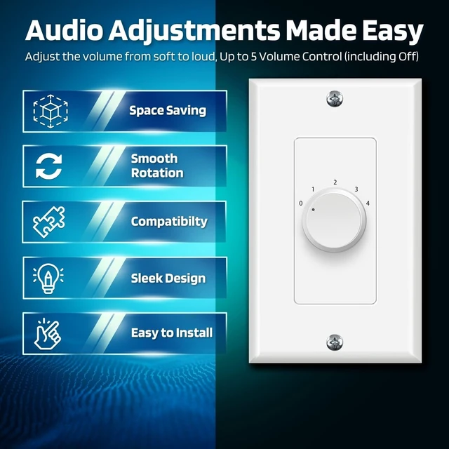 Alt view image 5 of 7 - 100W in-Wall Speaker Volume Control Plate, 5-Step Rotary Knob, White