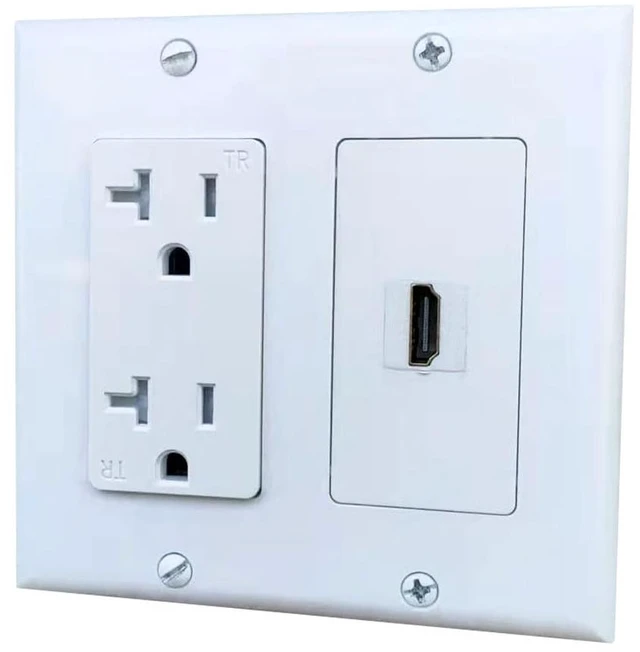 Main image of 20Amp Power Outlet with 1 HDMI Port Wall Plate - 2 Gang Electrical Wall Outlet with HDTV Keystone Jack Cover Plate for TV Mount - White