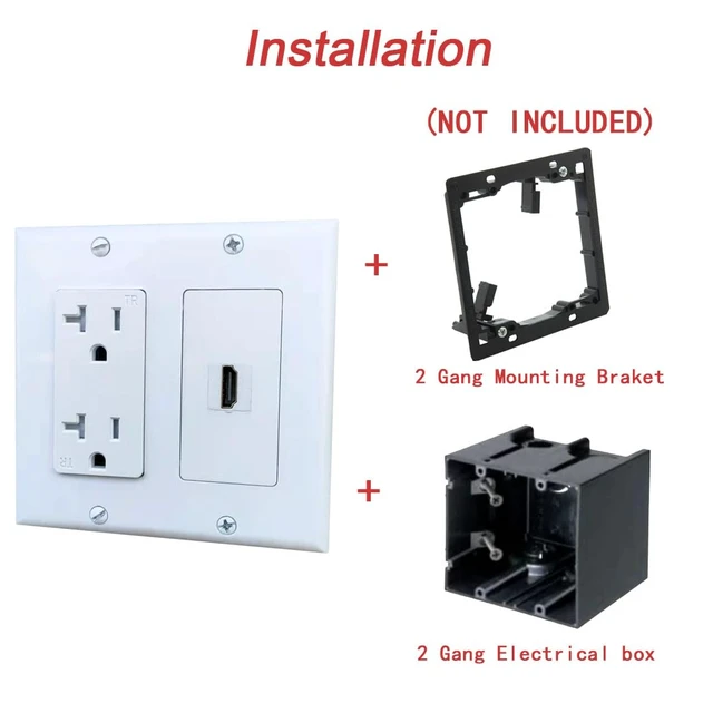 Alt view image 3 of 3 - 20Amp Power Outlet with 1 HDMI Port Wall Plate - 2 Gang Electrical Wall Outlet with HDTV Keystone Jack Cover Plate for TV Mount - White