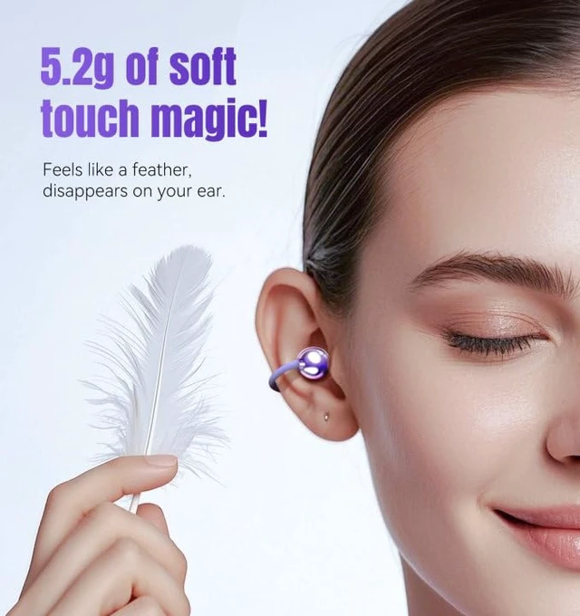 Alt view image 5 of 7 - Next-gen Clip on Earbuds Open Ear Wireless Bluetooth 6.0 Headphones with Mic,50H Play,ENC,IPX5 Waterproof,Sports Ear Buds,Comfortable for Small Ears&Fitness,Running (Purple)