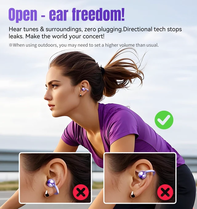 Alt view image 7 of 7 - Next-gen Clip on Earbuds Open Ear Wireless Bluetooth 6.0 Headphones with Mic,50H Play,ENC,IPX5 Waterproof,Sports Ear Buds,Comfortable for Small Ears&Fitness,Running (Purple)
