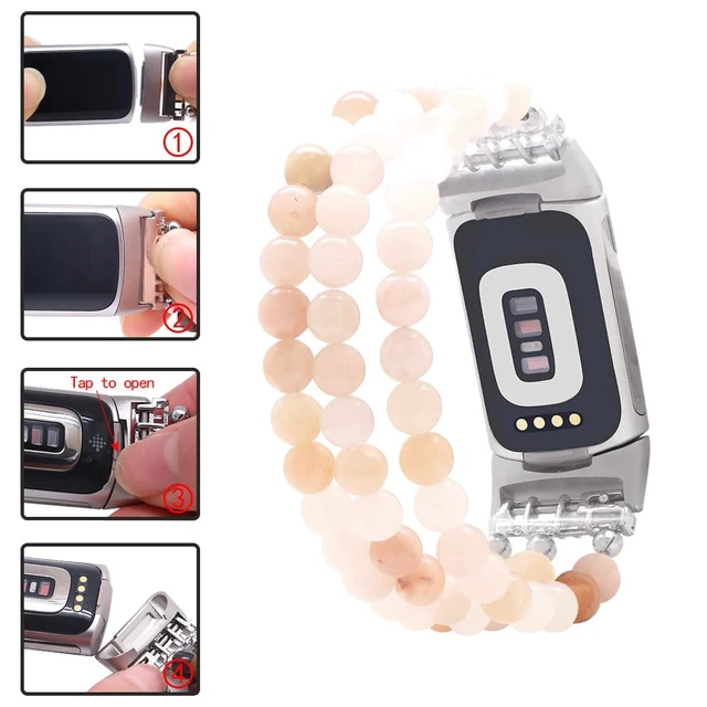Alt view image 3 of 6 - Compatible with Fitbit Charge 6/5 Natural Gemstone Beaded Handmade Adjustable Bracelet Replacement Band for Women