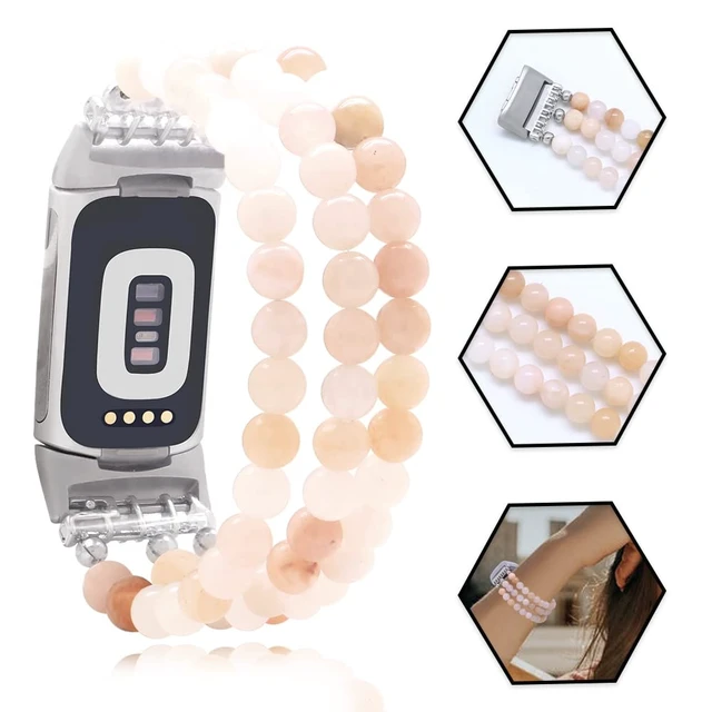 Alt view image 6 of 6 - Compatible with Fitbit Charge 6/5 Natural Gemstone Beaded Handmade Adjustable Bracelet Replacement Band for Women