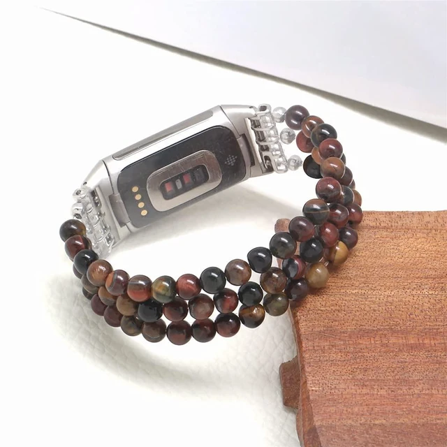 Alt view image 2 of 6 - Compatible with Fitbit Charge 6/5 Natural Gemstone Beaded Handmade Adjustable Bracelet Replacement Band for Women